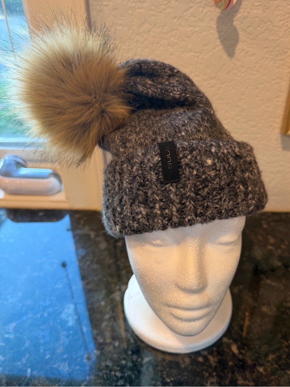 BULA Wool BLend Beanie Hat w Faux Fur Pom Pom. Velvety soft lining. Ski. Winter